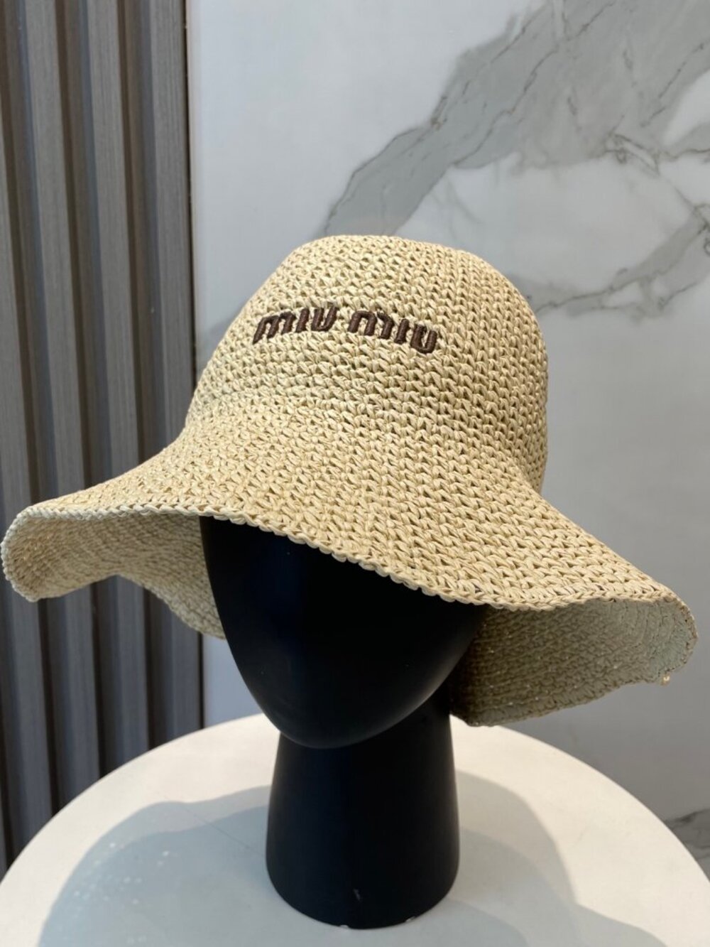 🌻Miu Miu🌻 Beige - Straw Fisherman's Hat - Brown Single-Line Small Letters